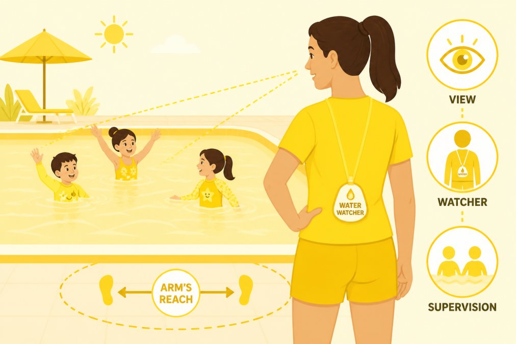 Adult supervisor standing poolside with clear, unobstructed view of children in water, positioned at arm's reach distance, wearing a water watcher lanyard, showing attentive posture and direct eye contact with swimmers