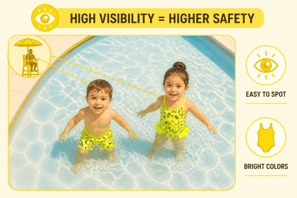 Two young children wearing bright neon high-visibility swimsuits in a clear pool, showing vibrant colors contrasting against blue water, making them instantly easy to spot from above and around the pool deck