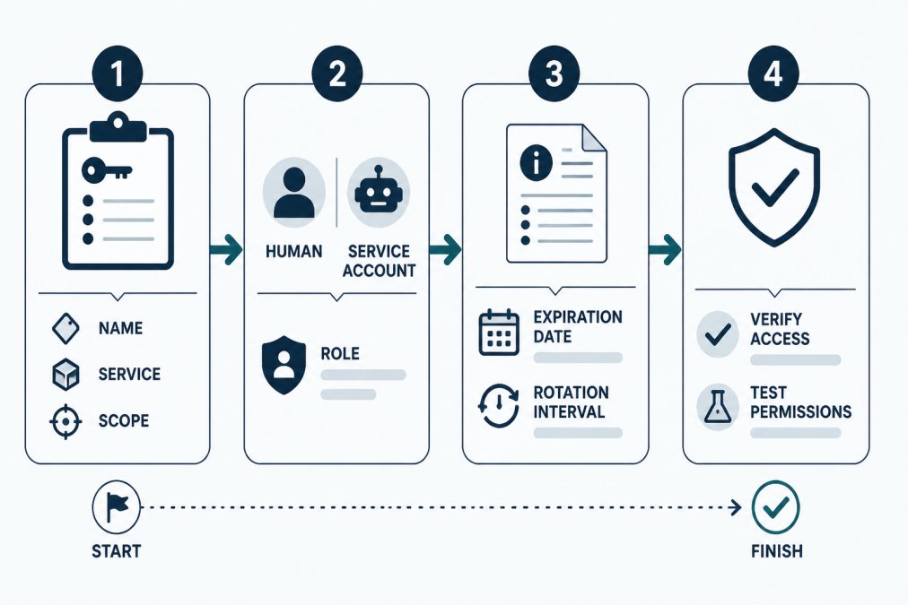 Four-step flowchart detailing how to assign owners to API keys through documentation, role selection, and verification.