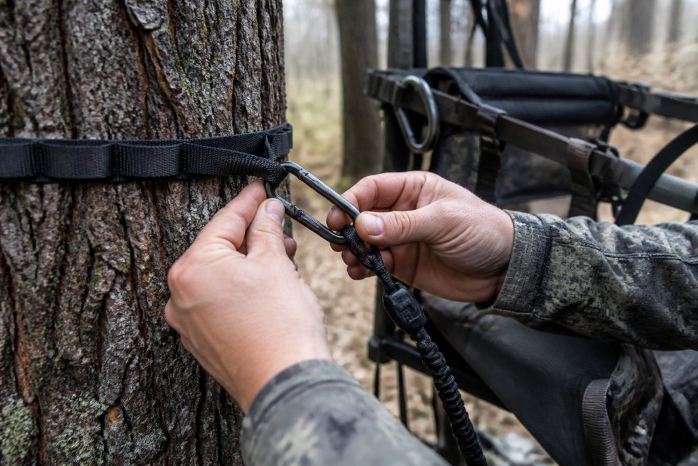 A close-up photograph of a hunter's hands attaching a bow hanger to a daisy chain gear strap on a tree trunk, with a saddle hunting setup visible in the background, showing the carabiner and tether connection
