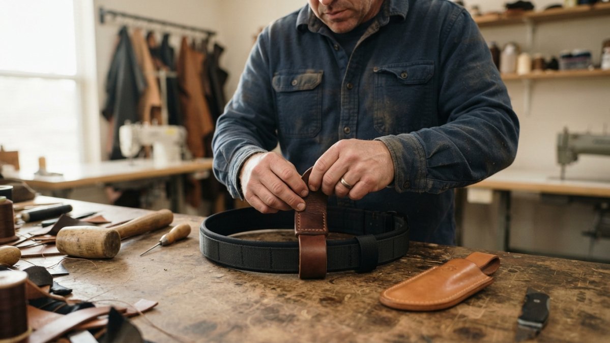 Hands threading a leather belt loop onto a tactical belt next to a pancake-style knife sheath on a workbench.
