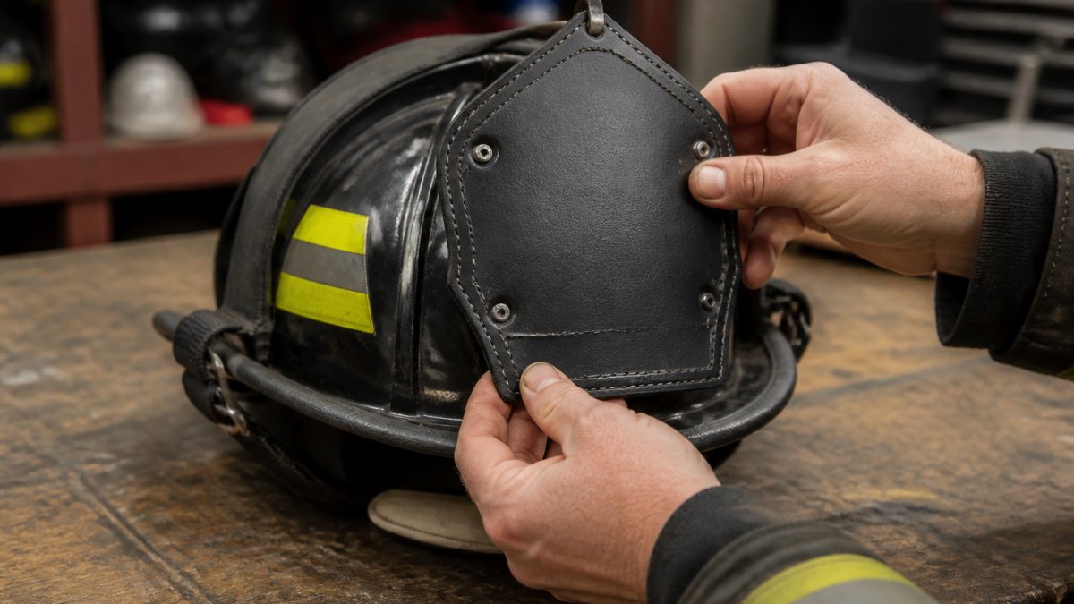 Step-by-step process of aligning a custom leather shield onto a fire helmet mounting point