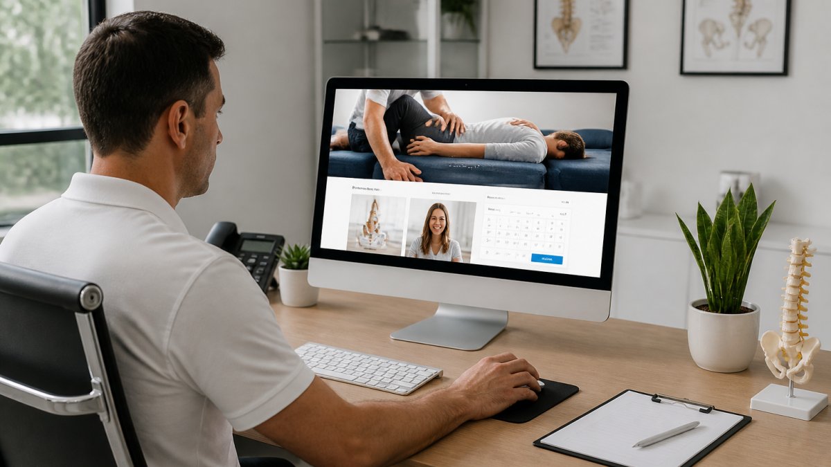 Chiropractor reviewing their practice website on a desktop computer in a modern clinic office with patient information and appointment booking visible on screen, natural office lighting