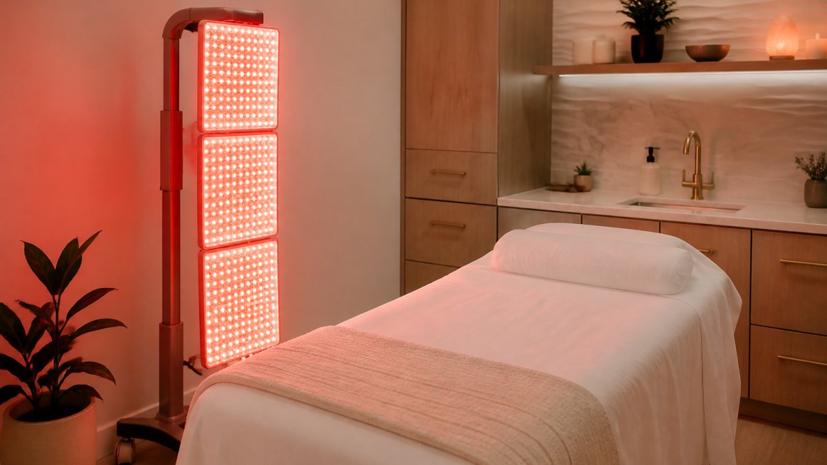 A med spa treatment room with a red light therapy panel and a neatly made treatment bed, soft lighting, clean modern interior