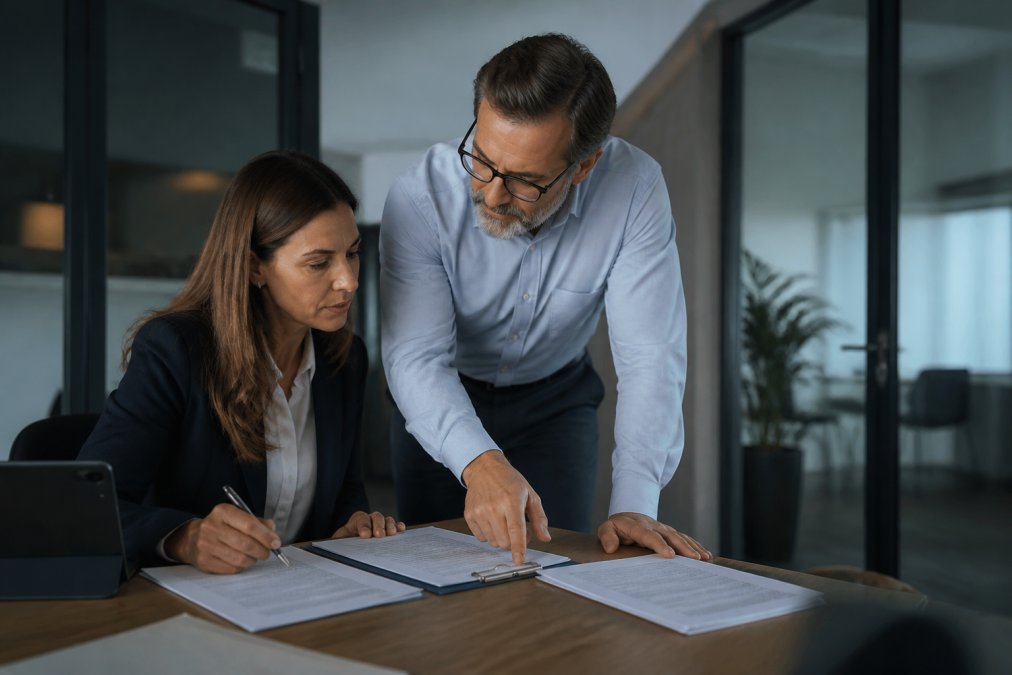 Compliance officer and AI engineer reviewing digital audit trails to learn how to attribute AI agent outcomes.