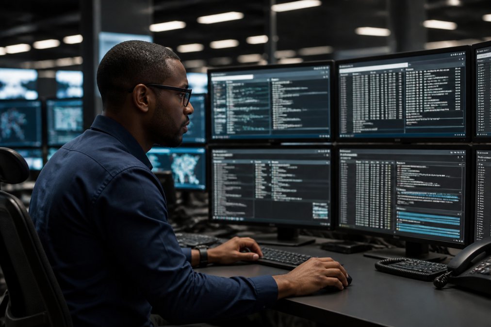 Security analyst reviewing audit logs and decision records on multiple monitors in a command center environment, with data streams and timestamps visible on screens