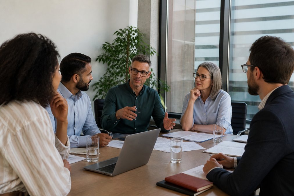 Cross-functional team of engineers and risk managers in a meeting room reviewing AI agent behavior reports and approval workflows on a large screen