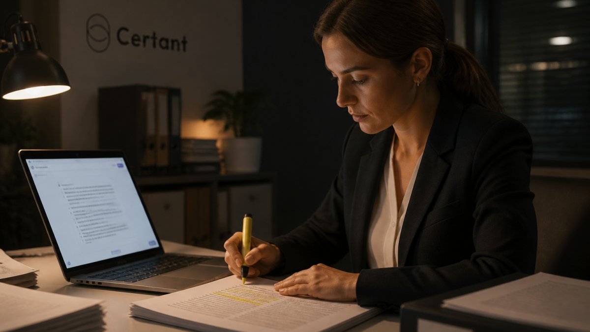 A compliance officer at a desk comparing a printed policy document against an AI answer on a laptop screen, with a highlighter marking the cited paragraph on the page