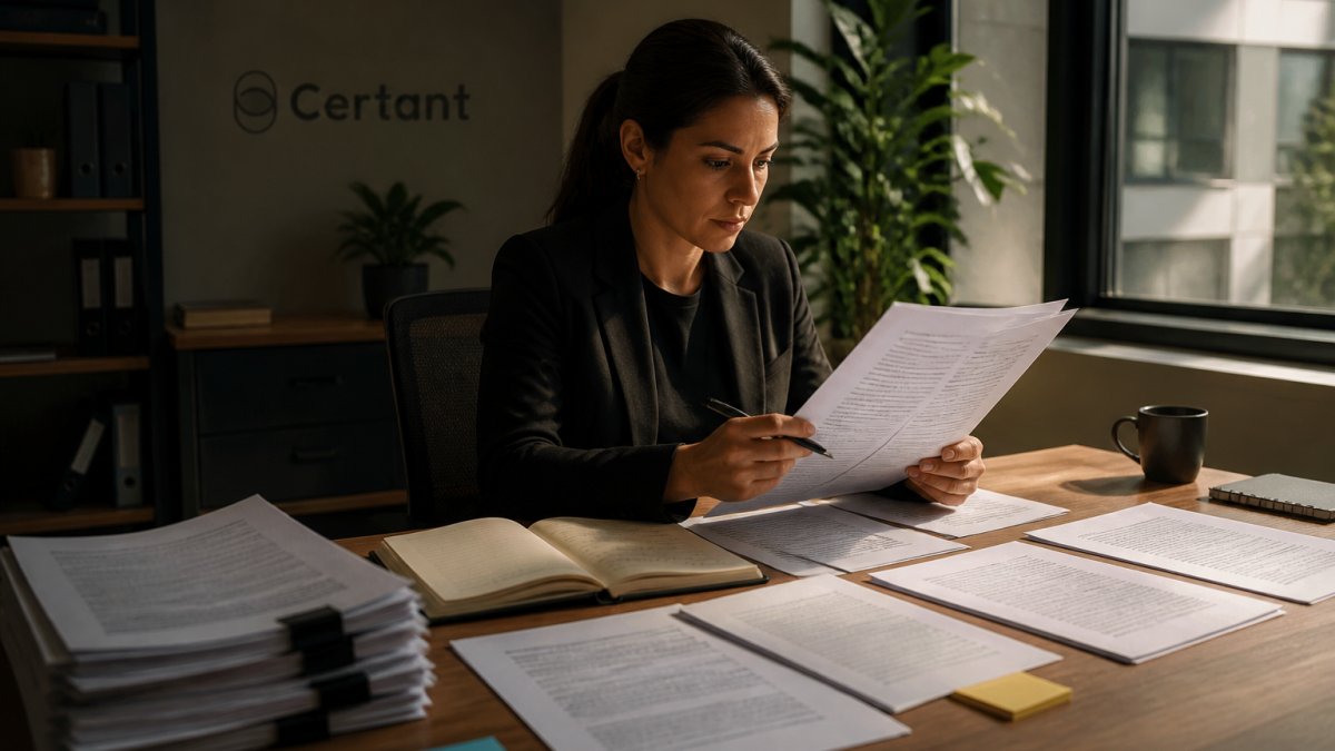 Professional reviewing documents on computer screen with printed policy papers and notes on desk in modern office setting