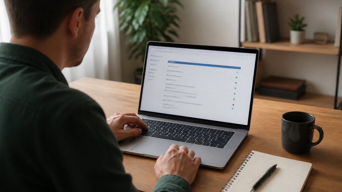 A person at a home desk reviewing browser privacy test results on a laptop screen, with a notebook and coffee nearby