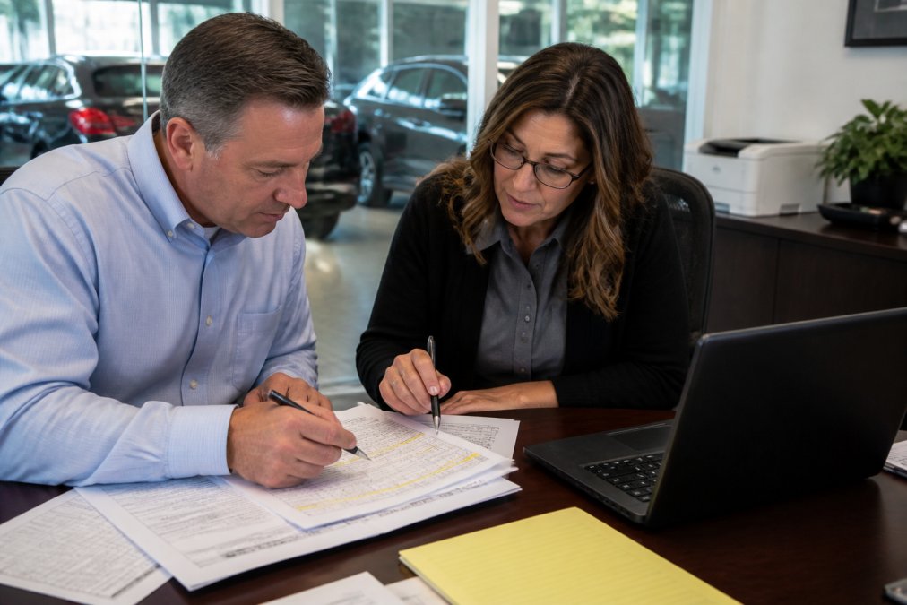 A dealership controller and office manager reviewing printed DMS invoices side by side at a desk, highlighting line items with a pen, laptop open to a spreadsheet in a bright dealership back office