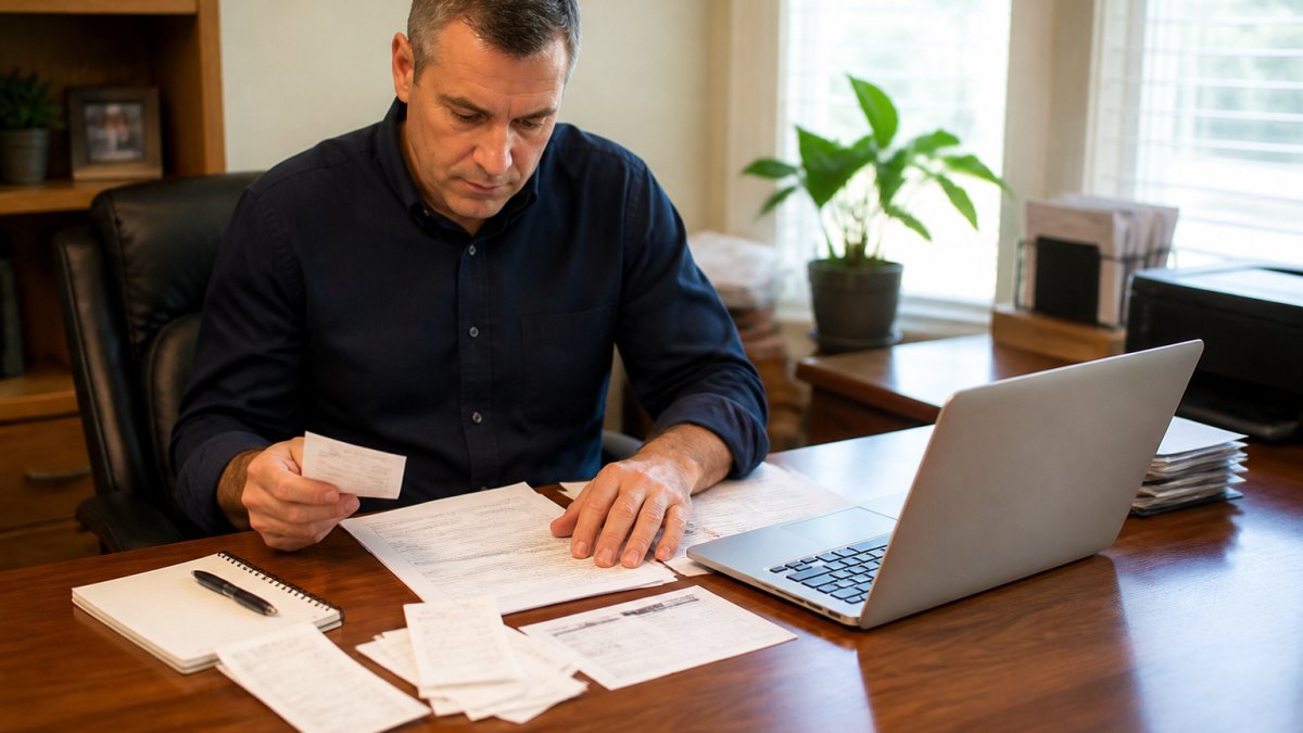 Professional fleet manager reviewing fuel transaction records and receipts at desk with laptop and printed statements, natural office lighting