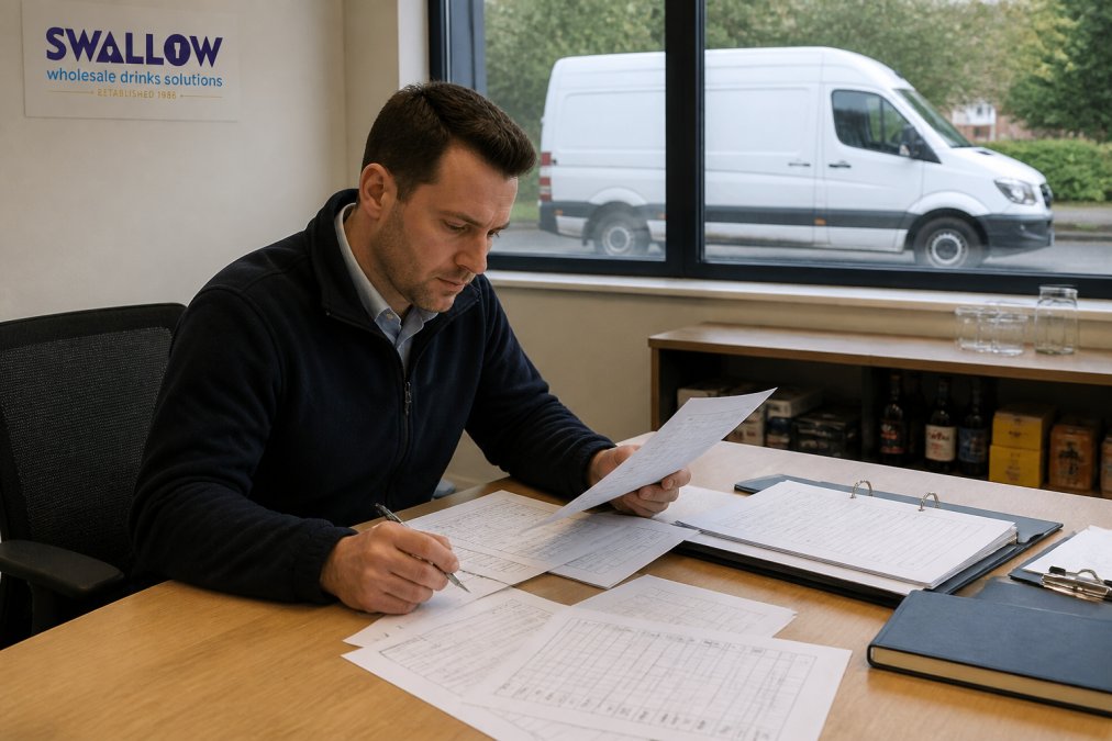 Hotel manager reviewing beverage supplier documents while learning how to audit hotel drink supplier performance
