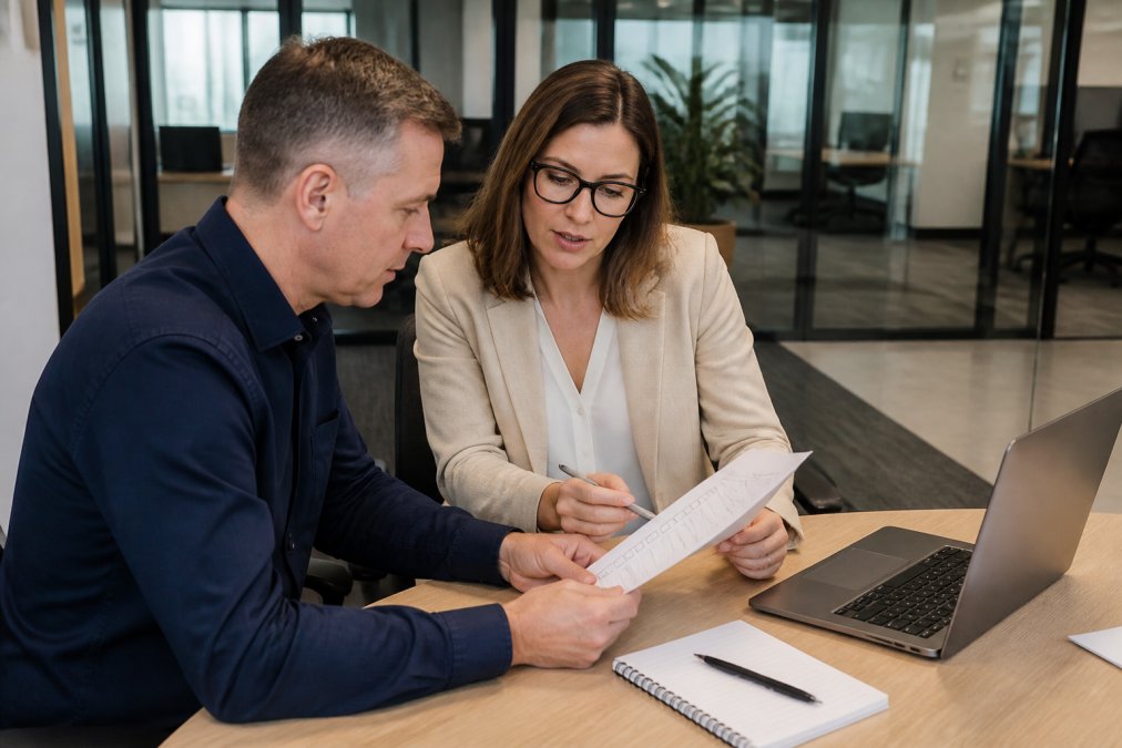 IT consultant and manager reviewing an IT security audit checklist on a desk with a dashboard laptop and notepad