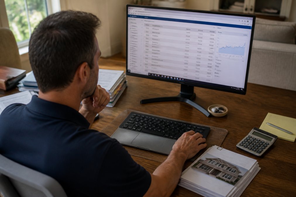Real estate investor reviewing accounting software dashboard on a computer monitor displaying property income and expense reports, surrounded by financial documents and a calculator on a home office desk