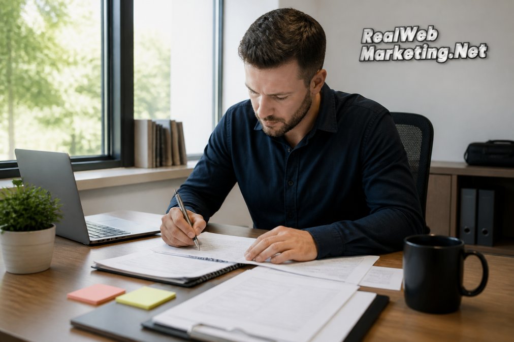 Professional analyzing data on a laptop to audit SEO performance in a bright, modern clinical office space.