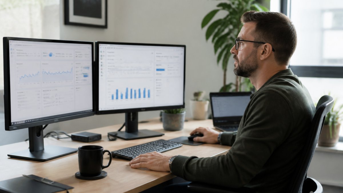 Professional reviewing Shopify analytics dashboard with conversion metrics displayed on multiple monitors in a modern office setting with natural lighting