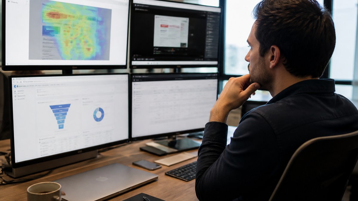 Analyst reviewing heatmaps and session recordings to audit website conversion issues on office monitors