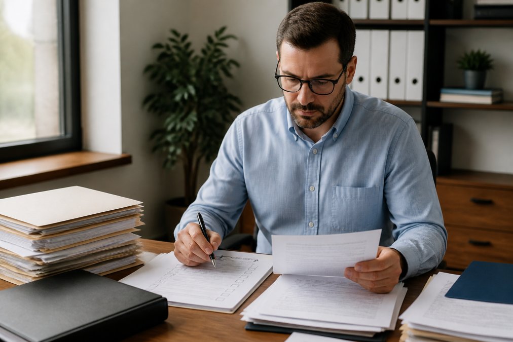Business owner reviewing insurance documents and a checklist at an organized desk to learn how to audit your business