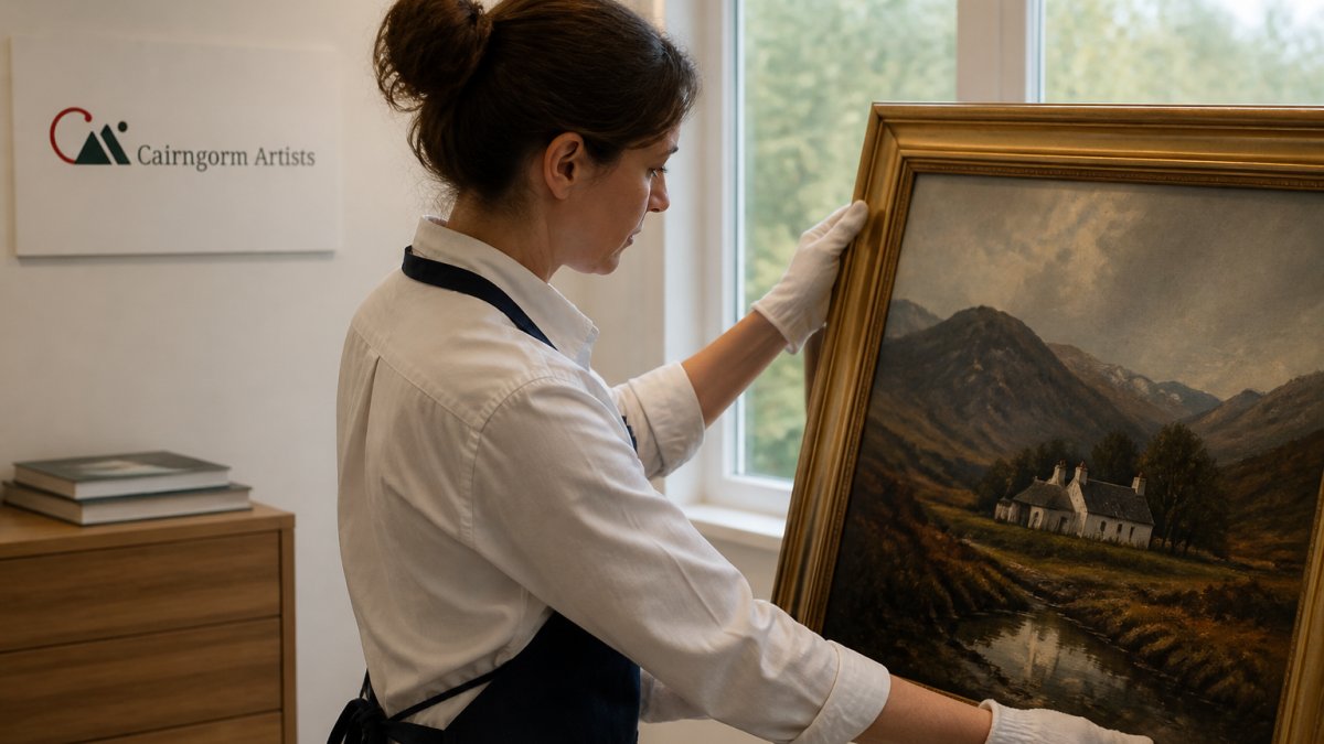 Person wearing white cotton gloves carefully inspecting the canvas of a framed oil painting in a bright room