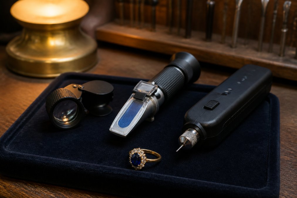 Jeweler's loupe, refractometer, and thermal tester used to authenticate vintage gemstones beside a gold ring