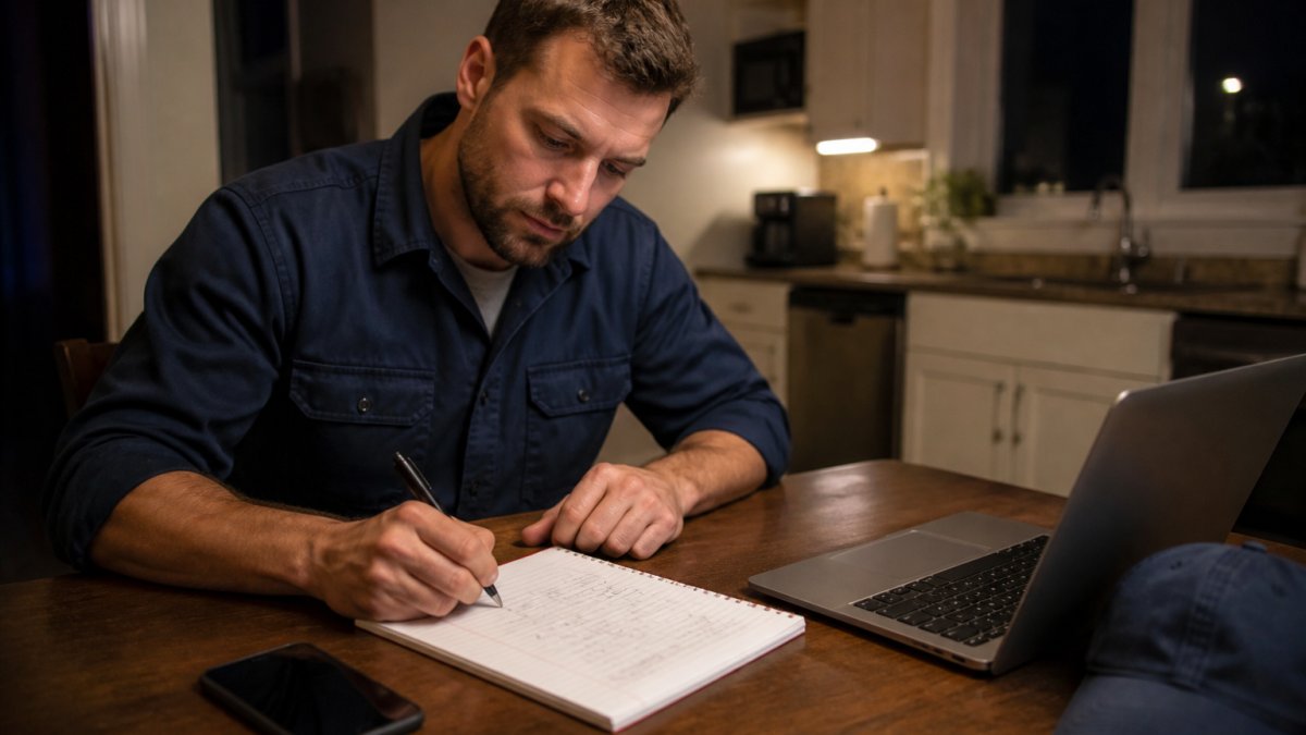 Contractor sketching a flowchart to automate after hours calls at a kitchen table with a laptop and smartphone