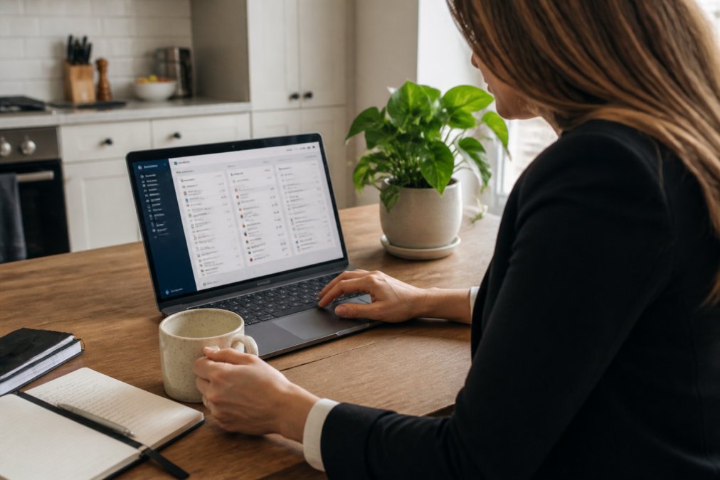 Business professional reviewing email templates and messaging on a laptop with CRM dashboard visible, coffee cup and notes on desk