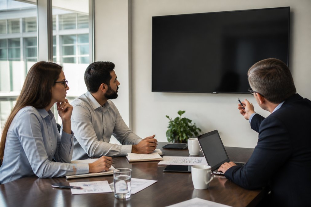 Team of sales professionals collaborating around a desk, reviewing analytics and performance metrics on a large monitor