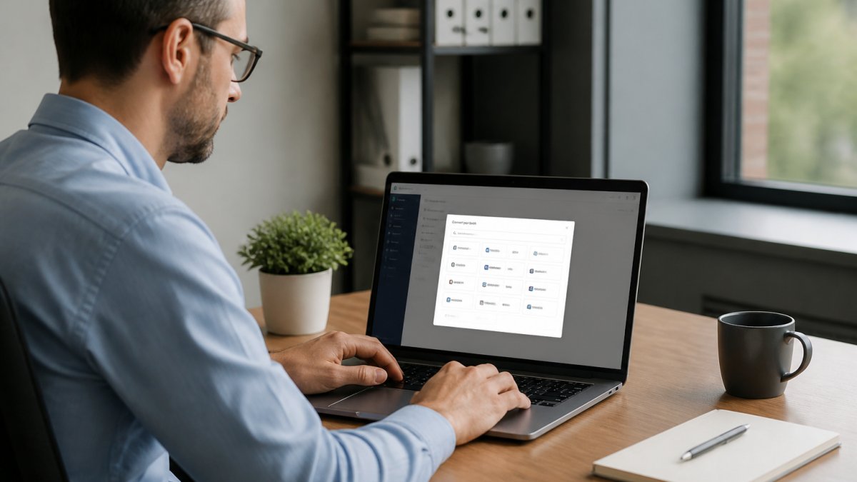 Finance manager at desk connecting bank account through secure authentication screen on laptop, with accounting software visible in background