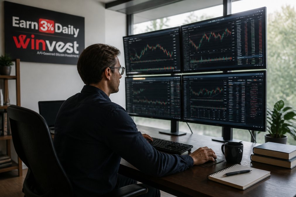 Professional trader at desk with multiple monitors displaying cryptocurrency exchange dashboards, live price charts, and bot configuration settings in modern office with natural window lighting