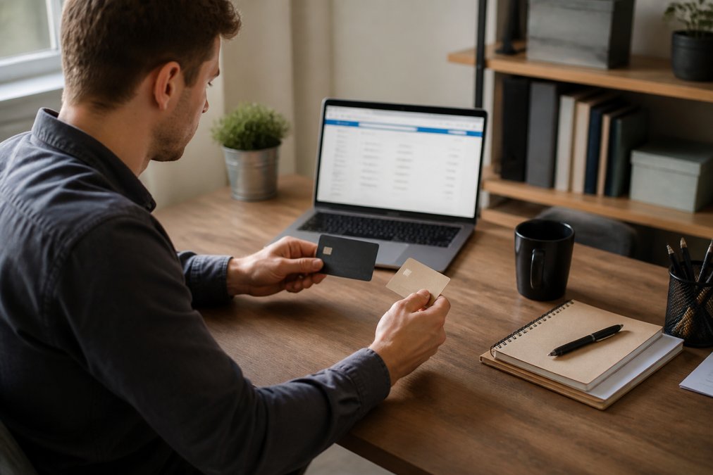 A freelancer sitting at a home desk with two separate bank cards laid out, one labeled business and one personal, with a laptop showing a banking dashboard in the background