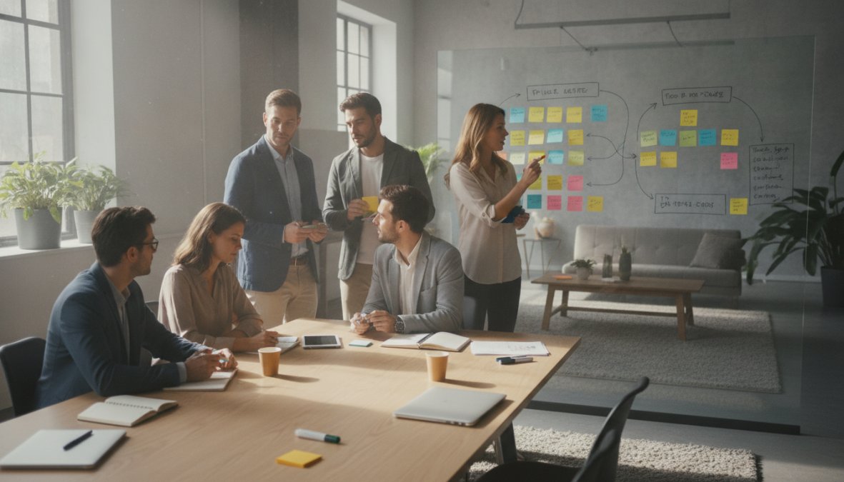 A professional team gathered around a whiteboard covered in sticky notes and colour-coded process flow diagrams, actively mapping out a business workflow in a bright modern office with large windows and natural lighting