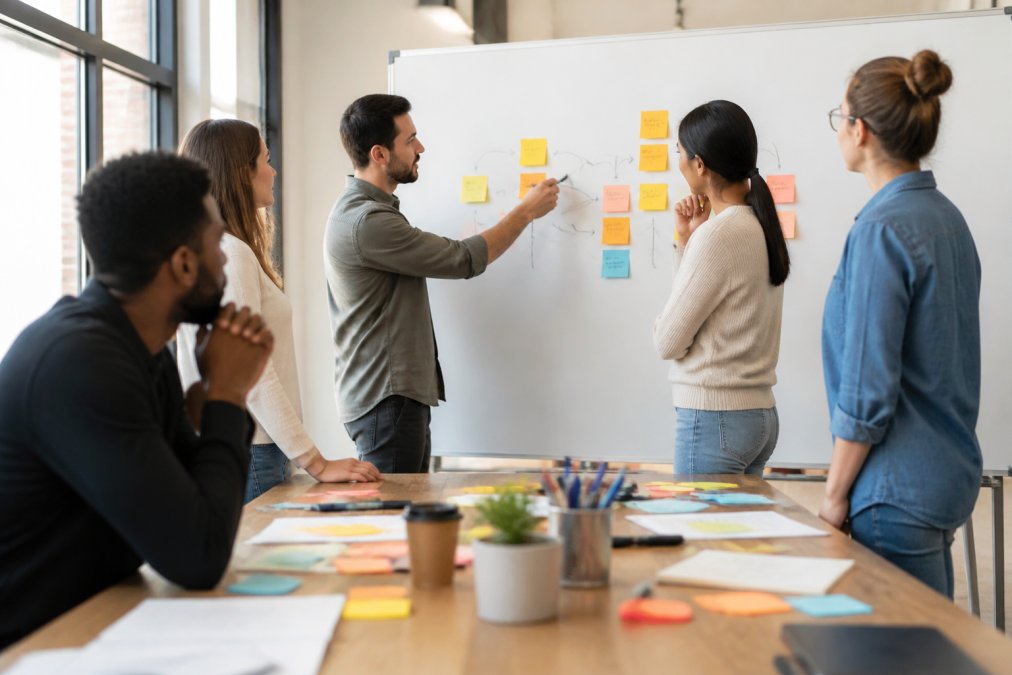 Business team gathered around whiteboard mapping out process workflows with sticky notes and markers in bright modern office