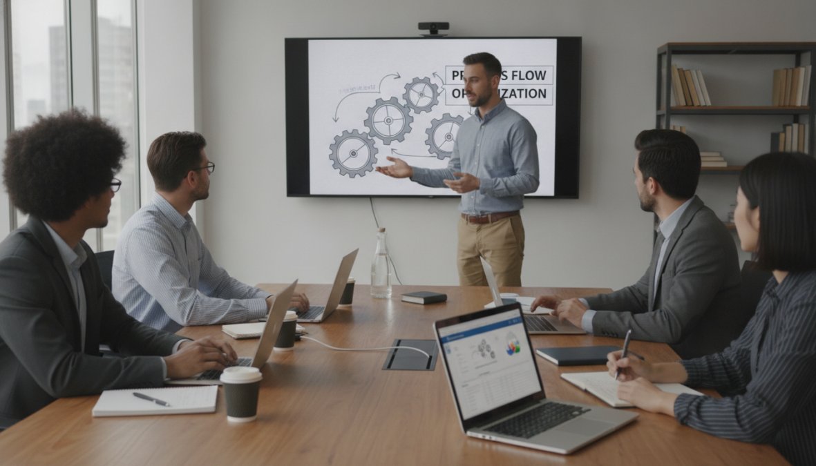 A manager presenting automation workflow diagrams on a large screen to engaged employees in a conference room, with laptops open and notepads on the table, warm overhead lighting and a collaborative atmosphere