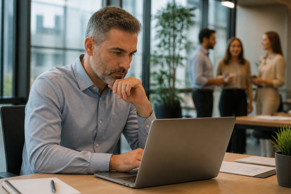 Manager reviewing productivity metrics and operational efficiency gains on laptop with colleagues visible in background in modern office