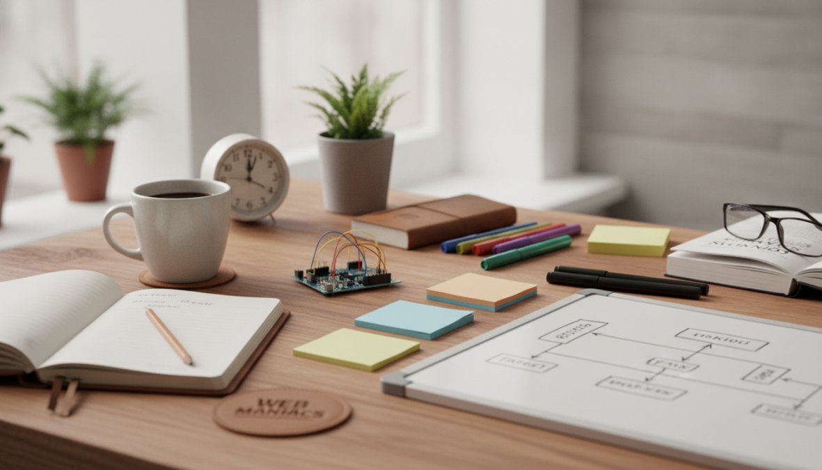 Business professional sitting at ergonomic desk, reviewing workflow automation setup on laptop screen with notepad and coffee nearby, natural window lighting