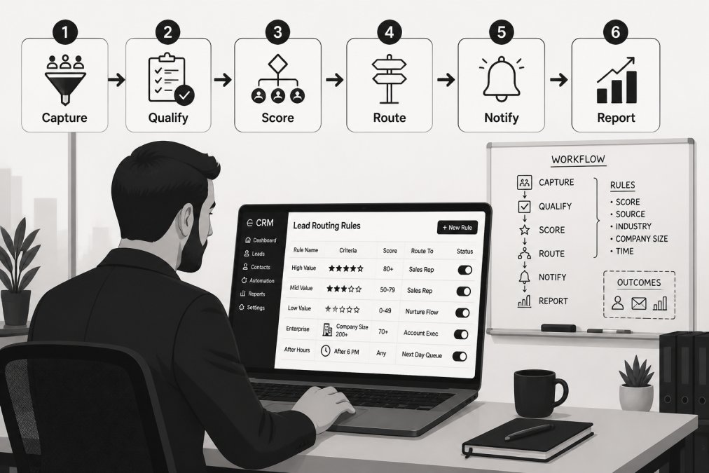 A sales operations manager reviewing a laptop screen showing a CRM dashboard with lead routing rules, in a modern office with a whiteboard of workflow notes behind them