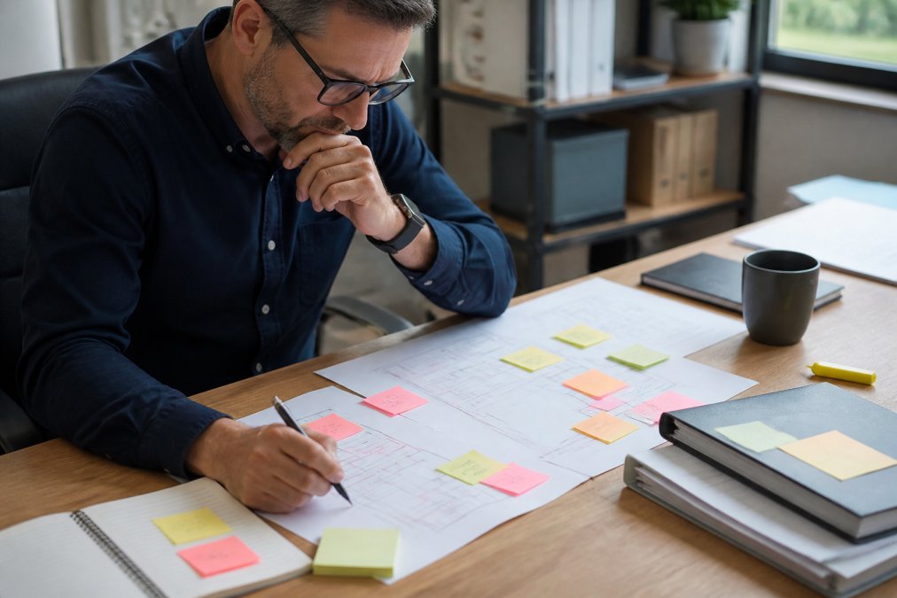 Project manager reviewing process documentation and workflow notes on paper and screen at a desk, with sticky notes and process maps visible
