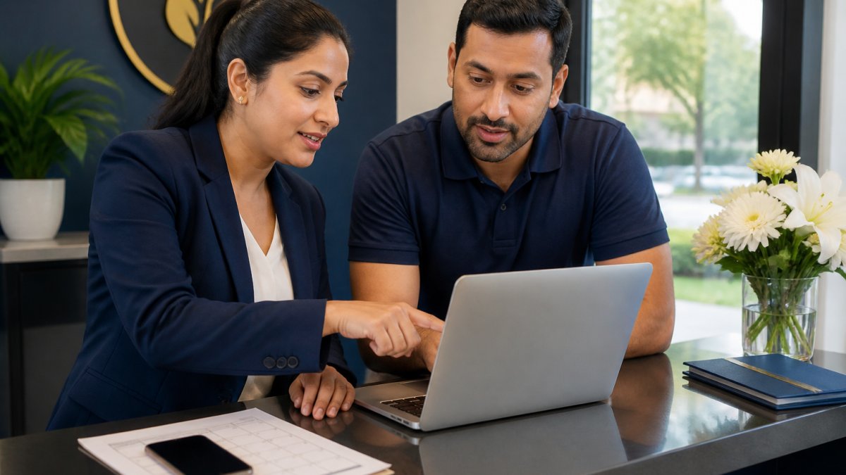 A small business owner and an operations manager reviewing a scheduling workflow on a laptop at a tidy front-desk counter, printed calendar and phone nearby