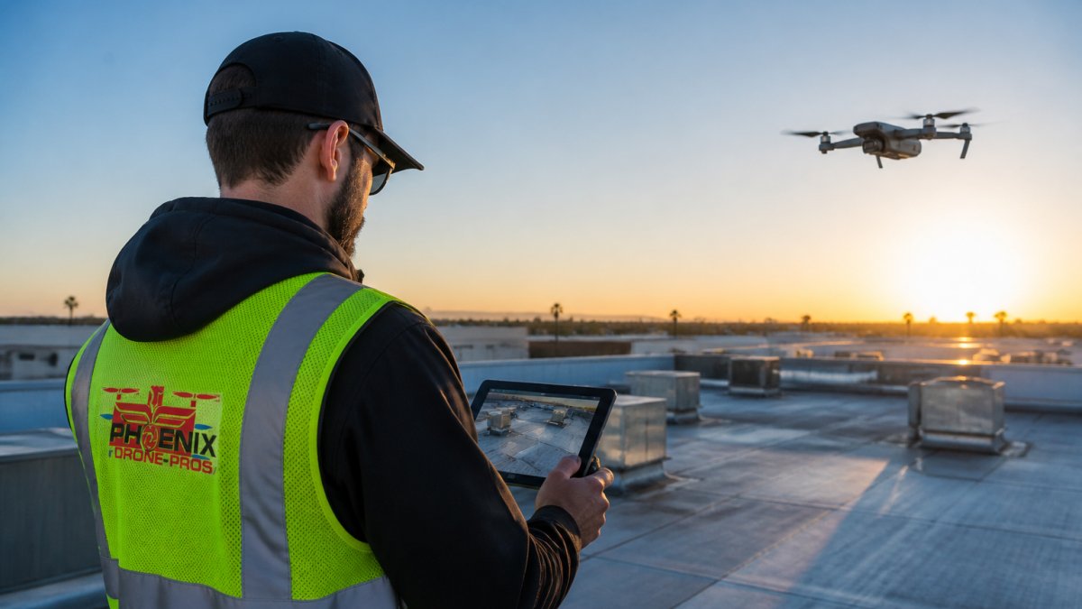 Drone pilot using a tablet for property inspections on a commercial roof at sunrise