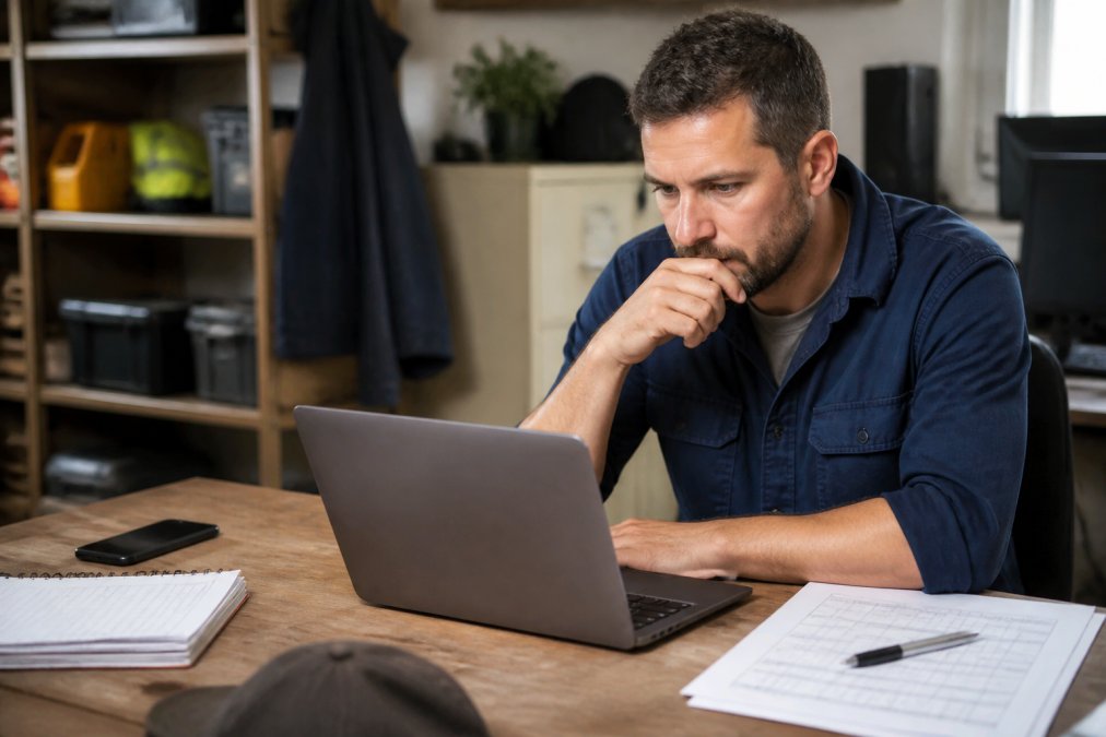 Tradesperson using a laptop to automate customer booking at an office desk with a paper job schedule nearby.