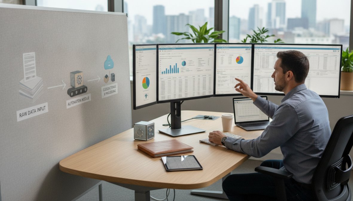 Data analyst reviewing customer data on multiple monitors in modern office environment with dashboards and charts visible on screens