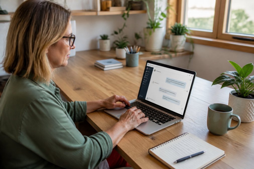 Infographic showing steps on how to automate customer service with AI for beginners NZ at a tidy workspace.