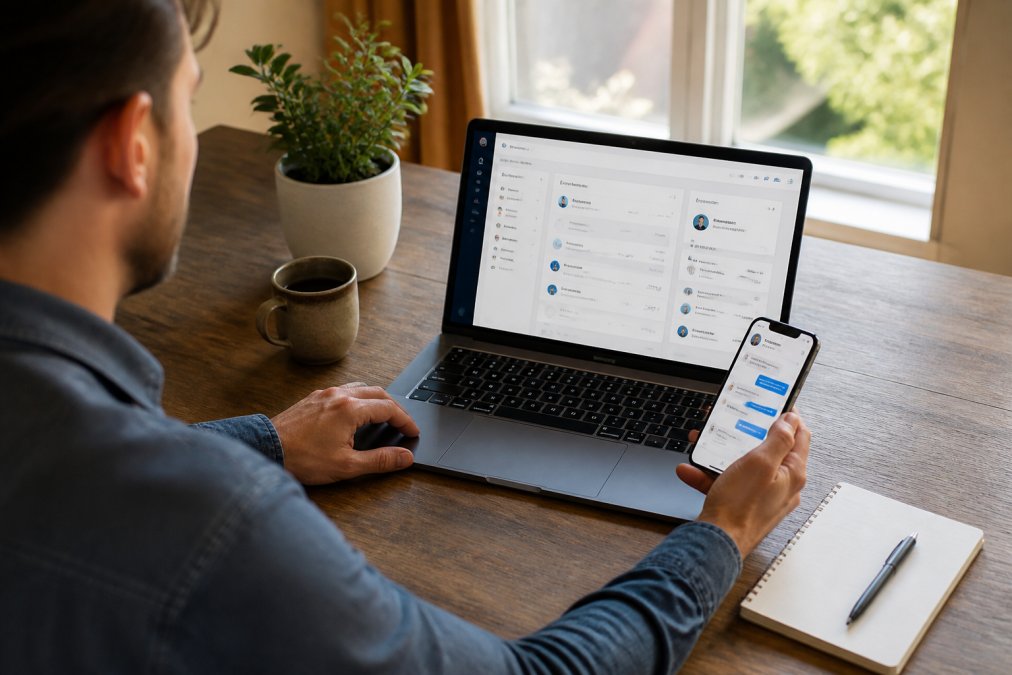 A small business owner at a wooden desk, looking at a laptop displaying a CRM dashboard with a customer chat interface open on a smartphone beside the keyboard, natural daylight from a window
