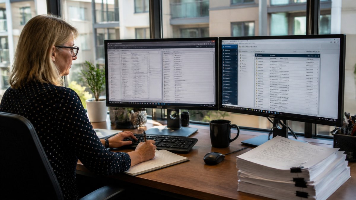 A financial controller at a multifamily property management office reviewing loan covenant dashboards on a dual-monitor setup, with property accounting software screens visible and printed loan agreements stacked on the desk beside a coffee cup