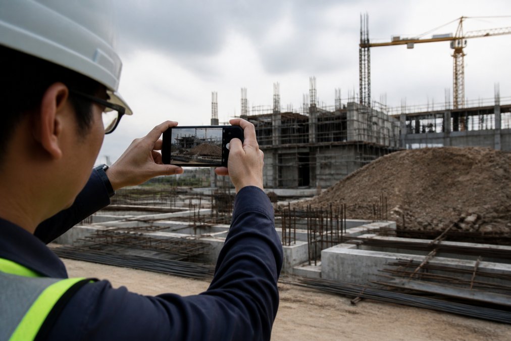 Field inspector holding an Android smartphone, capturing a photo of a construction site with visible GPS coordinates and timestamp displayed on screen, natural outdoor lighting