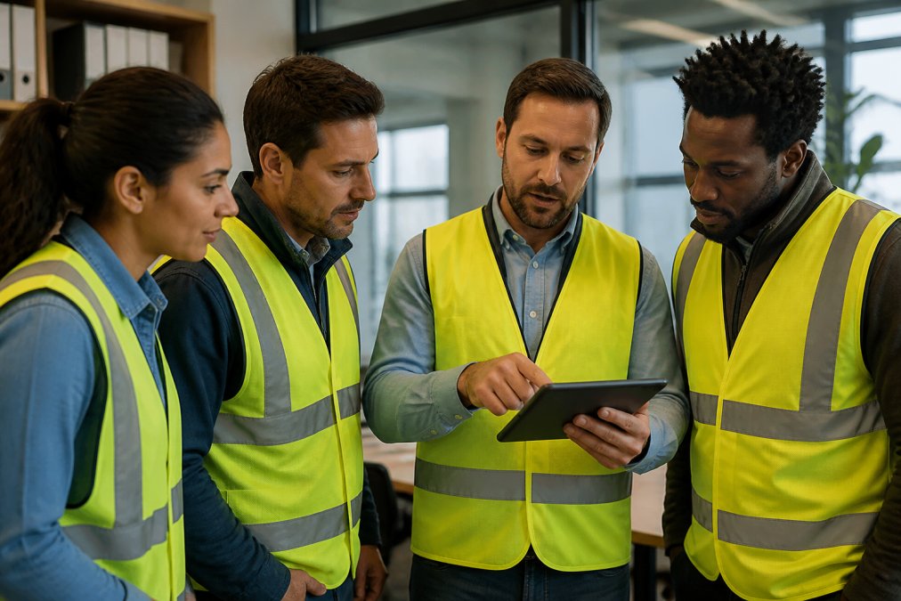 Team of field inspectors gathered around a supervisor reviewing inspection photos and reports on a tablet in an office setting, indoor lighting