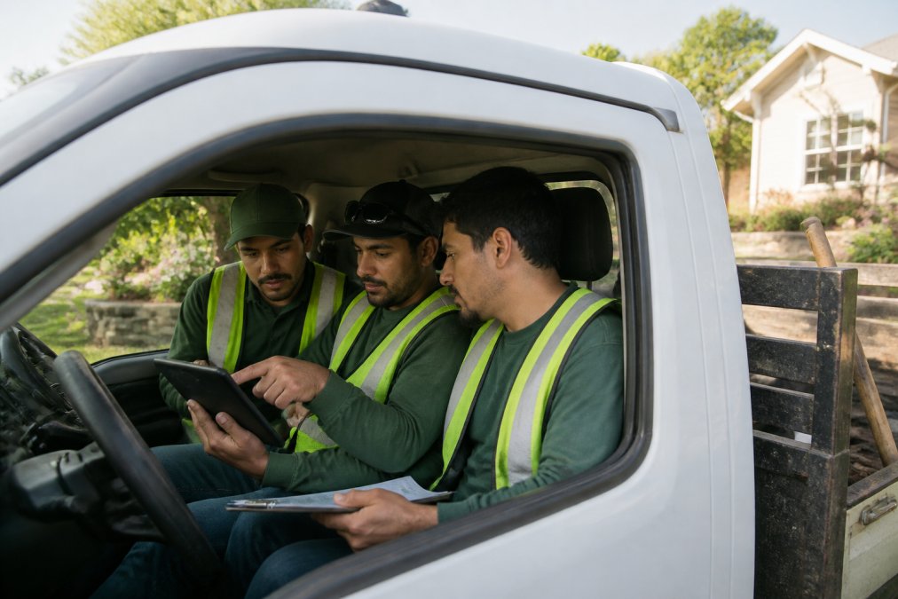 Landscaping crew reviewing a daily field service scheduling tablet in their truck before starting a residential job