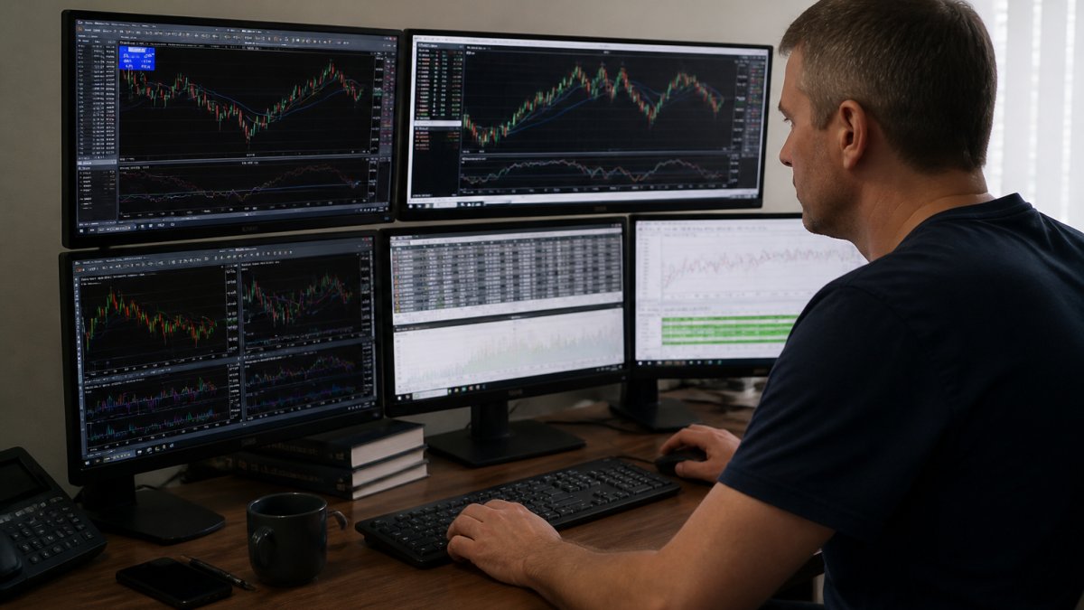 Professional trader at desk with multiple monitors displaying MT5 platform showing candlestick charts, order tickets, technical indicators, and backtest results on screens