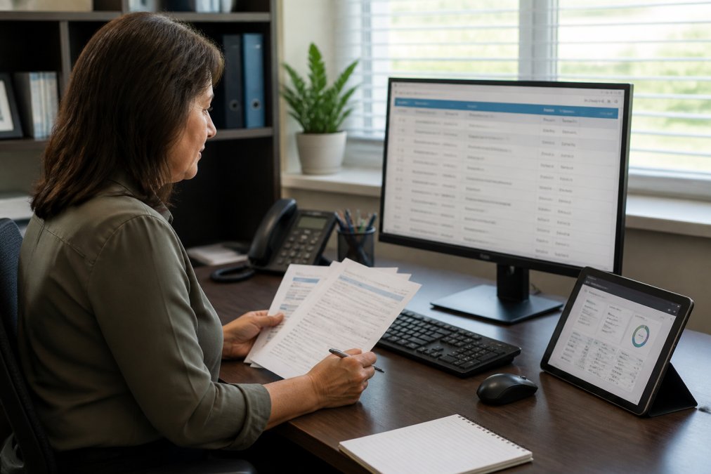 Office manager using a dashboard to automate HIPAA training and track employee compliance progress.